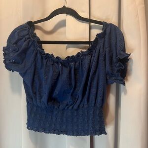 Cleo Blue Puff Sleeve Smocked Crop Blouse Size Large